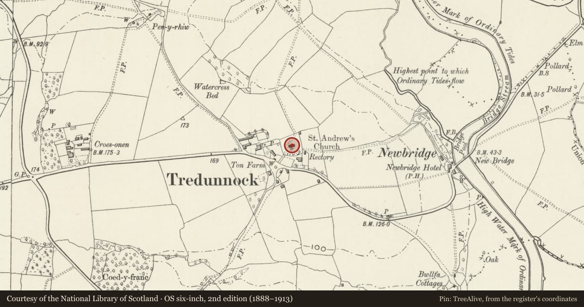 Ordnance Survey six-inch map, 2nd edition (1888–1913) covering the location of Church of St. Andrew, Llangybi, Monmouthshire, with a pin at the register's coordinates
