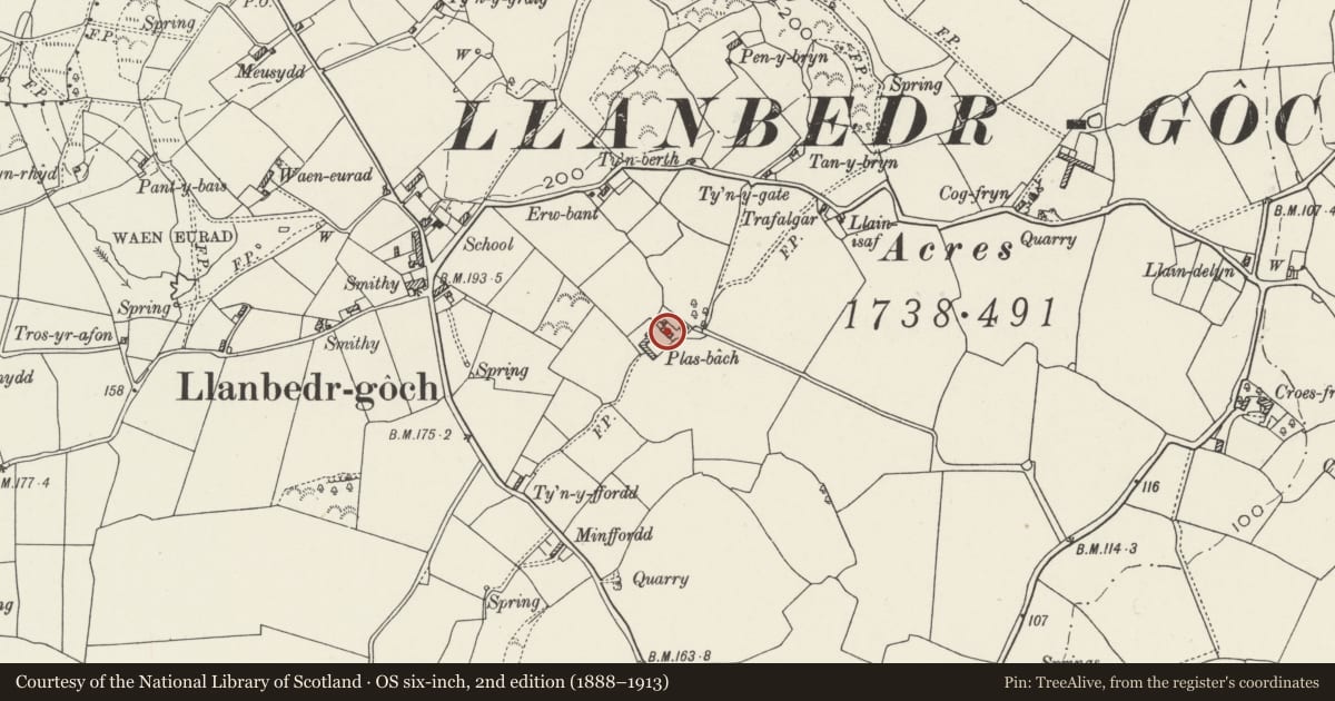 Ordnance Survey six-inch map, 2nd edition (1888–1913) covering the location of Stable range at Plas Bach, Llanfair-Mathafarn-Eithaf, Isle of Anglesey, with a pin at the register's coordinates