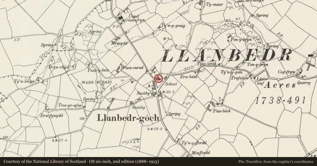 Ordnance Survey six-inch map, 2nd edition (1888–1913) covering the location of Llanbedrgoch Sunday School, Llanfair-Mathafarn-Eithaf, Isle of Anglesey, with a pin at the register's coordinates