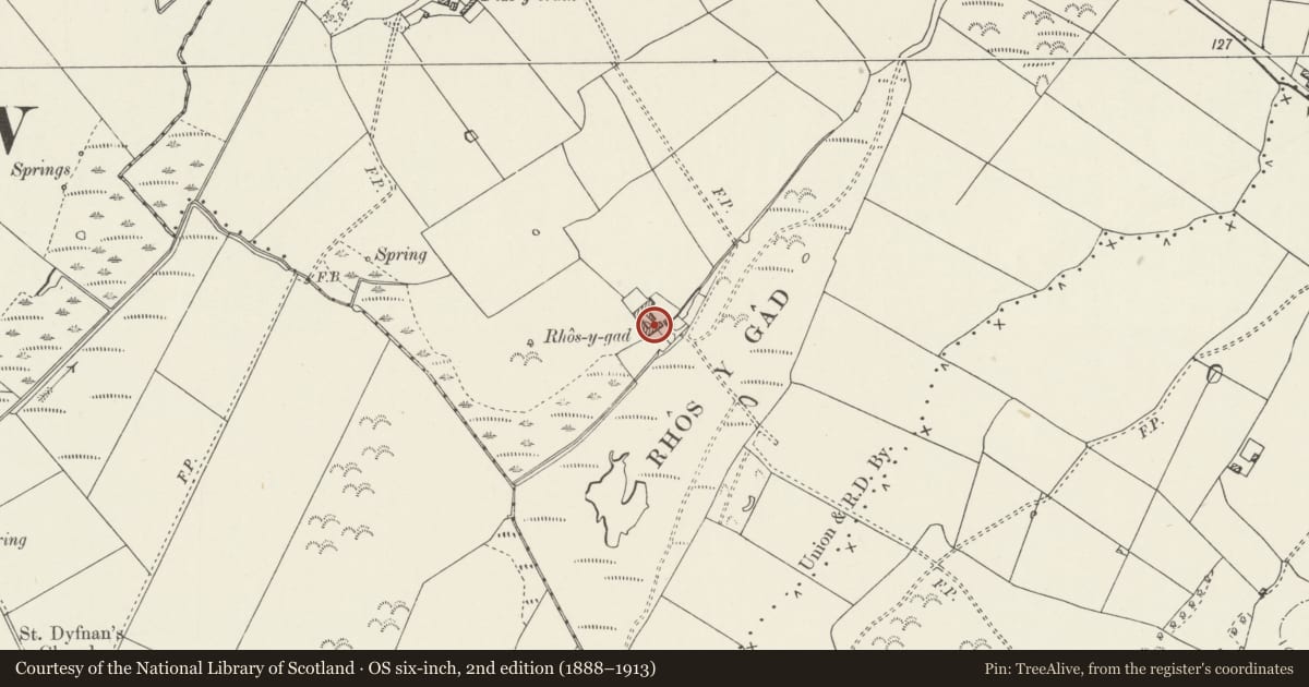 Ordnance Survey six-inch map, 2nd edition (1888–1913) covering the location of Rhos y gad, Llanfair-Mathafarn-Eithaf, Isle of Anglesey, with a pin at the register's coordinates