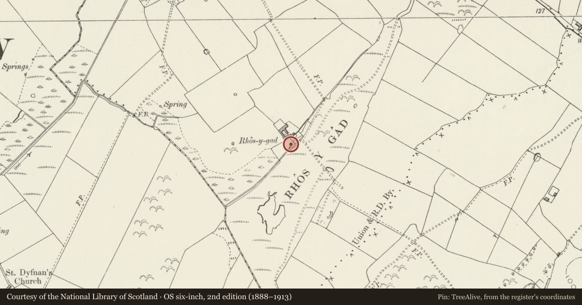Ordnance Survey six-inch map, 2nd edition (1888–1913) covering the location of Privy at Rhos y gad, Llanfair-Mathafarn-Eithaf, Isle of Anglesey, with a pin at the register's coordinates