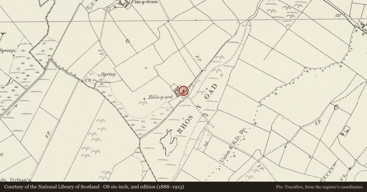 Ordnance Survey six-inch map, 2nd edition (1888–1913) covering the location of Boiling house and pigsty at Rhos y gad, Llanfair-Mathafarn-Eithaf, Isle of Anglesey, with a pin at the register's coordinates