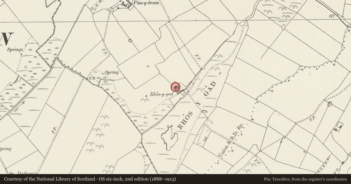 Ordnance Survey six-inch map, 2nd edition (1888–1913) covering the location of Agricultural range at Rhos y gad, Llanfair-Mathafarn-Eithaf, Isle of Anglesey, with a pin at the register's coordinates