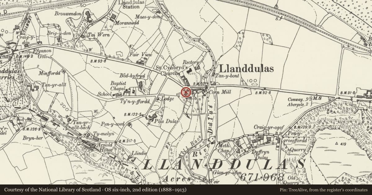 Ordnance Survey six-inch map, 2nd edition (1888–1913) covering the location of Ty Ucha, Llanddulas and Rhyd-y-Foel, Conwy, with a pin at the register's coordinates