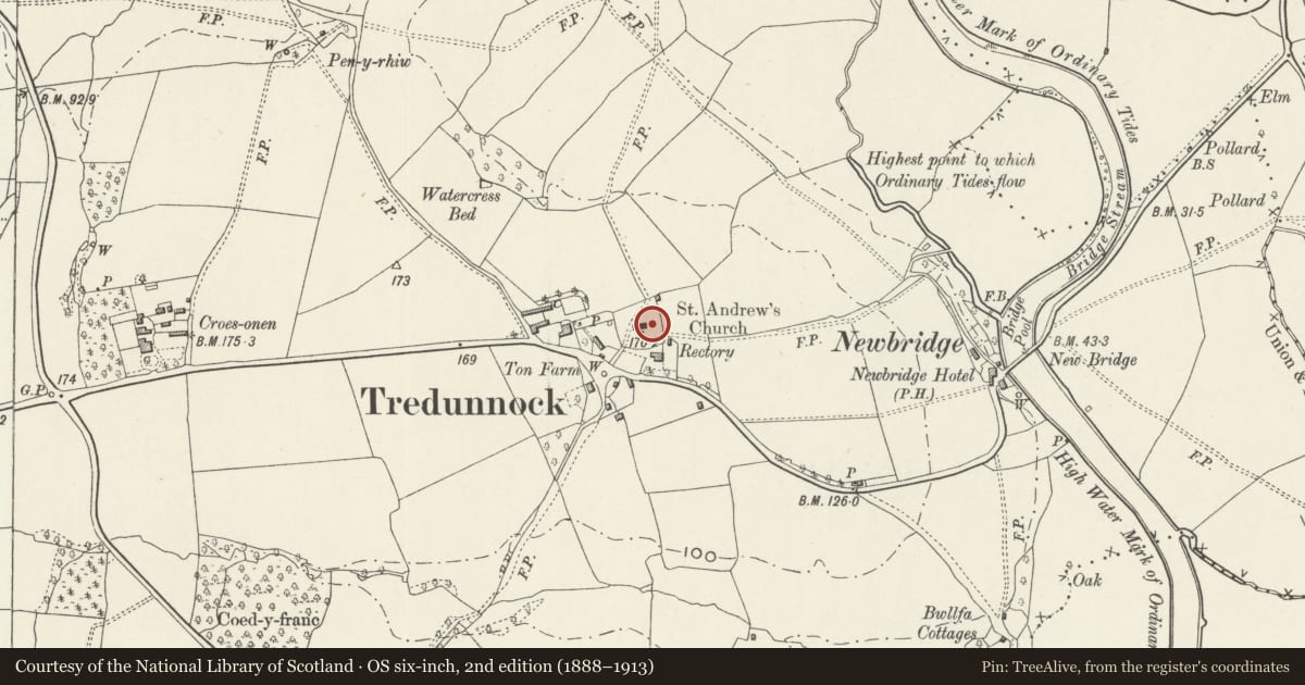 Ordnance Survey six-inch map, 2nd edition (1888–1913) covering the location of Monument to Eleanor Isabella Franklin at east end of Church of St. Andrew, Llangybi, Monmouthshire, with a pin at the register's coordinates