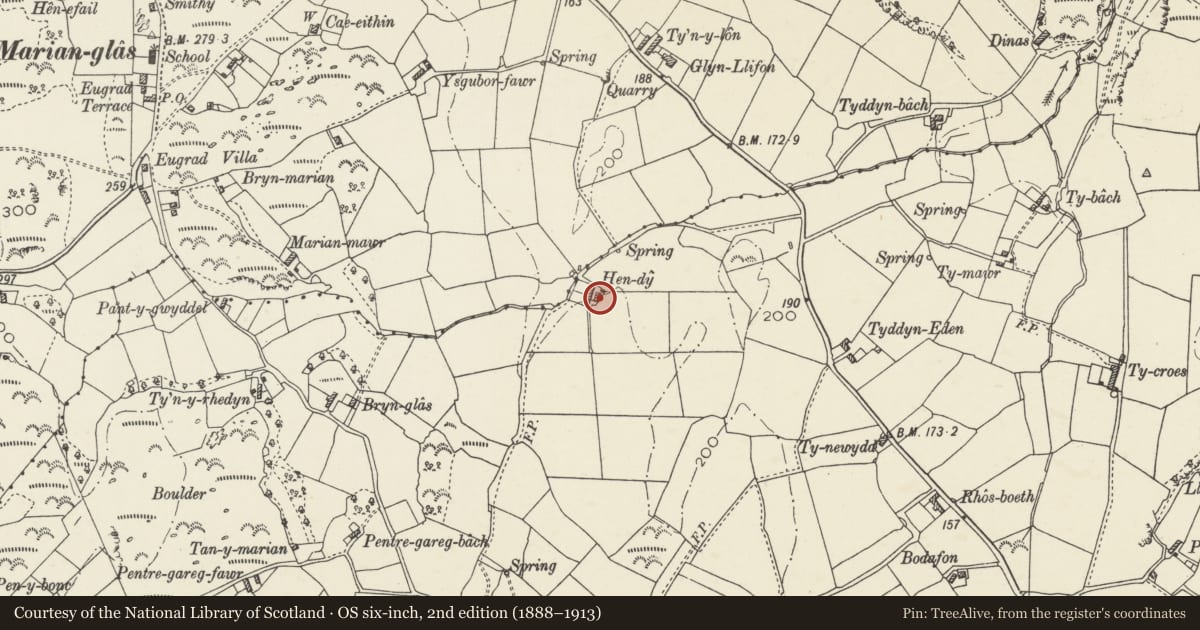 Ordnance Survey six-inch map, 2nd edition (1888–1913) covering the location of Lofted stable and cartshed at Hendy, Llanfair-Mathafarn-Eithaf, Isle of Anglesey, with a pin at the register's coordinates