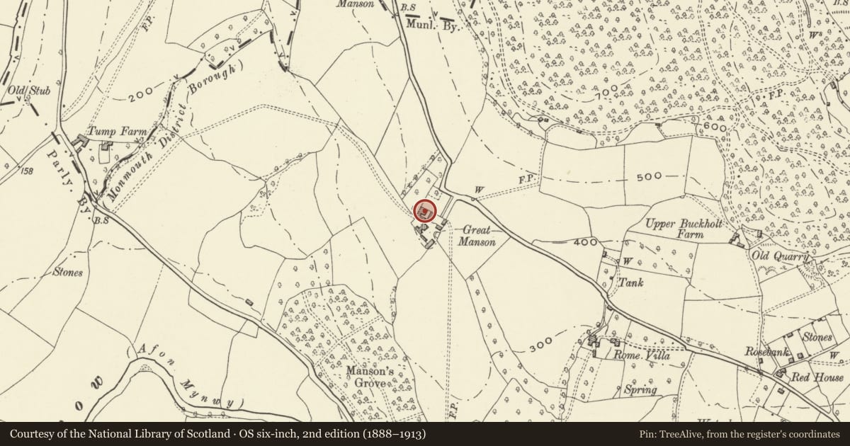 Ordnance Survey six-inch map, 2nd edition (1888–1913) covering the location of Great Manson Farmhouse, Monmouth, Monmouthshire, with a pin at the register's coordinates