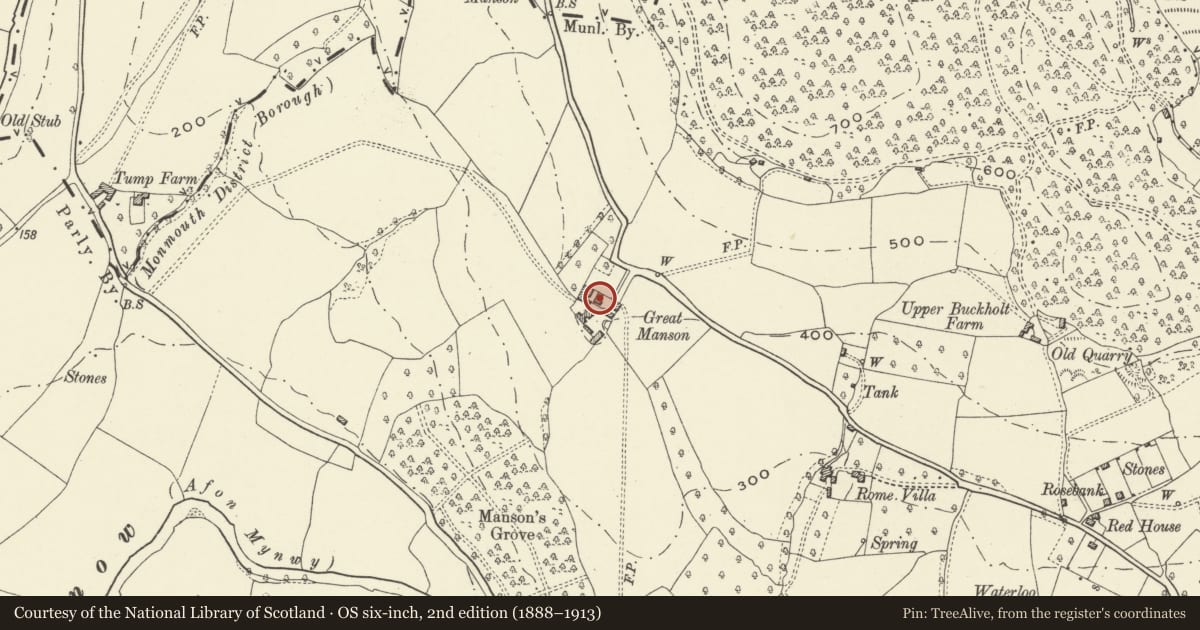 Ordnance Survey six-inch map, 2nd edition (1888–1913) covering the location of Old Cider House at Great Manson Farm, Monmouth, Monmouthshire, with a pin at the register's coordinates
