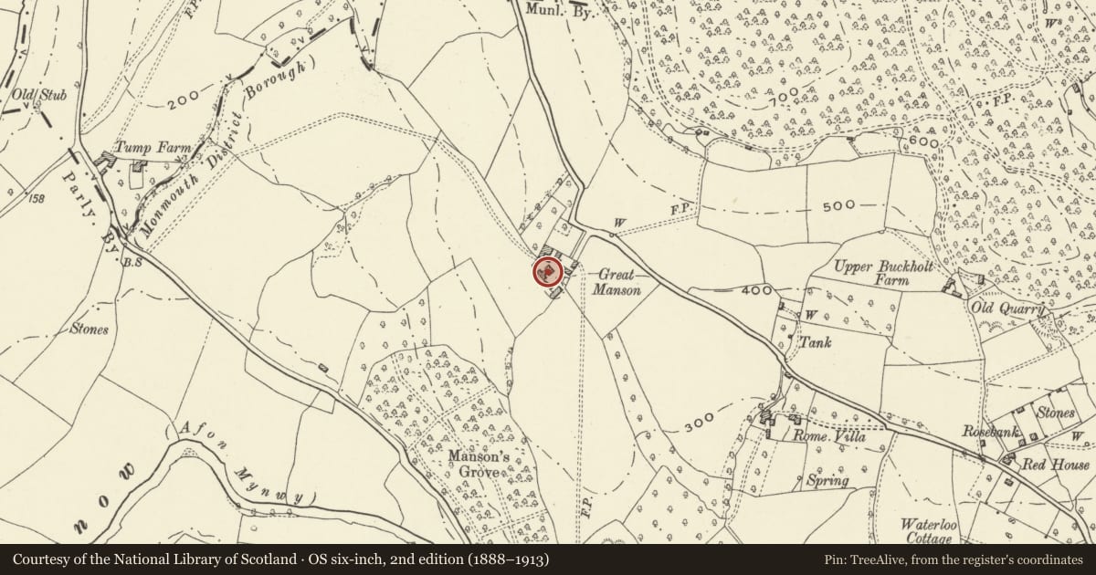 Ordnance Survey six-inch map, 2nd edition (1888–1913) covering the location of Large Barn at Great Manson Farm, Monmouth, Monmouthshire, with a pin at the register's coordinates