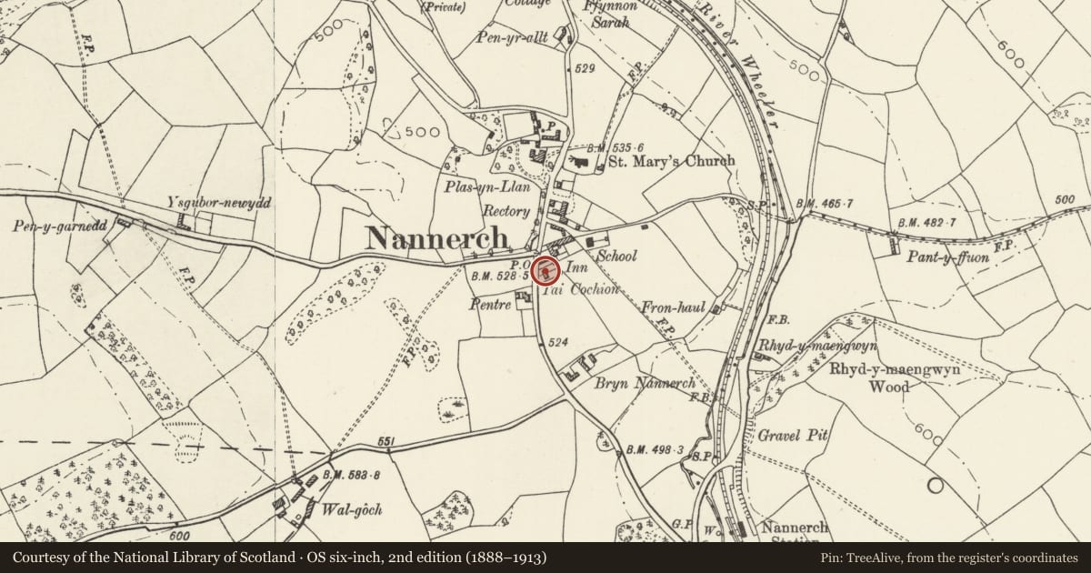 Ordnance Survey six-inch map, 2nd edition (1888–1913) covering the location of 1 Tai Cochion, Nannerch, Flintshire, with a pin at the register's coordinates