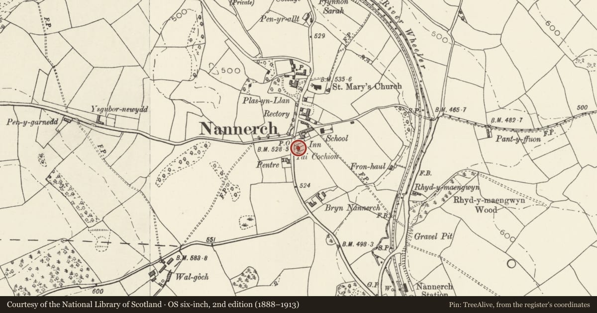 Ordnance Survey six-inch map, 2nd edition (1888–1913) covering the location of 2 Tai Cochion, Nannerch, Flintshire, with a pin at the register's coordinates