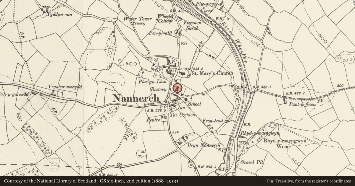 Ordnance Survey six-inch map, 2nd edition (1888–1913) covering the location of The Old Rectory, Nannerch, Flintshire, with a pin at the register's coordinates