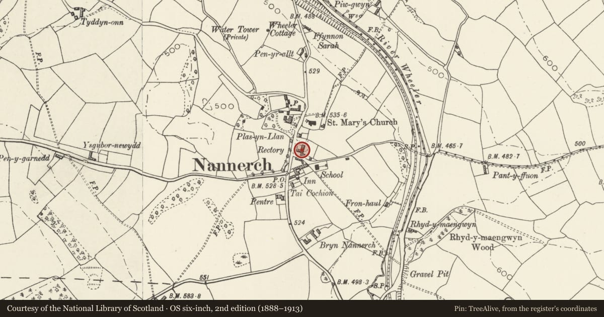 Ordnance Survey six-inch map, 2nd edition (1888–1913) covering the location of Rectory Cottage, Nannerch, Flintshire, with a pin at the register's coordinates