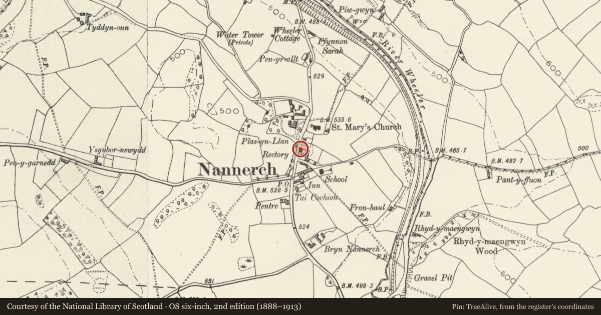 Ordnance Survey six-inch map, 2nd edition (1888–1913) covering the location of Former stable at The Old Rectory, Nannerch, Flintshire, with a pin at the register's coordinates