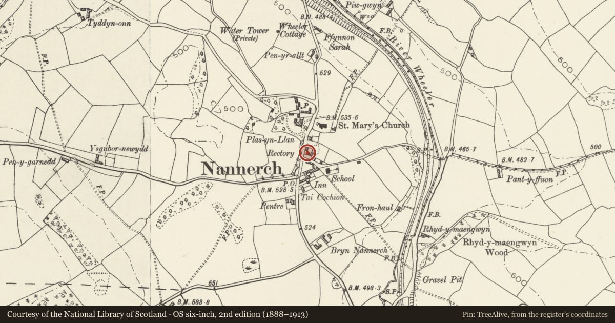 Ordnance Survey six-inch map, 2nd edition (1888–1913) covering the location of Coach House at Rectory Cottage, Nannerch, Flintshire, with a pin at the register's coordinates