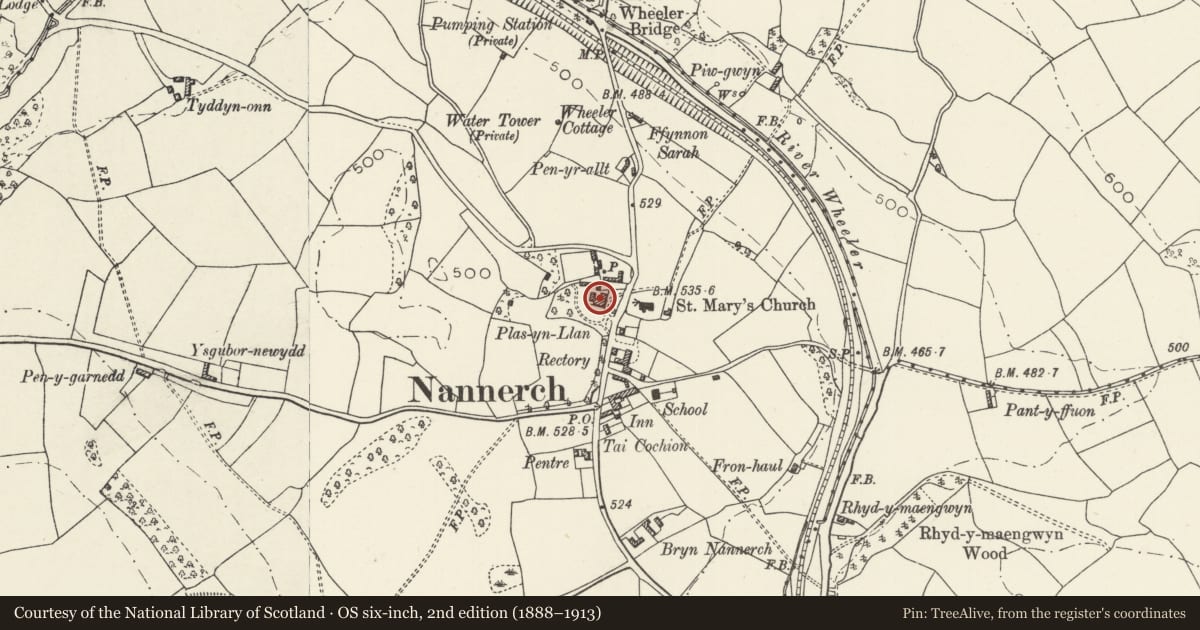 Ordnance Survey six-inch map, 2nd edition (1888–1913) covering the location of Nannerch Hall, Flintshire, with a pin at the register's coordinates