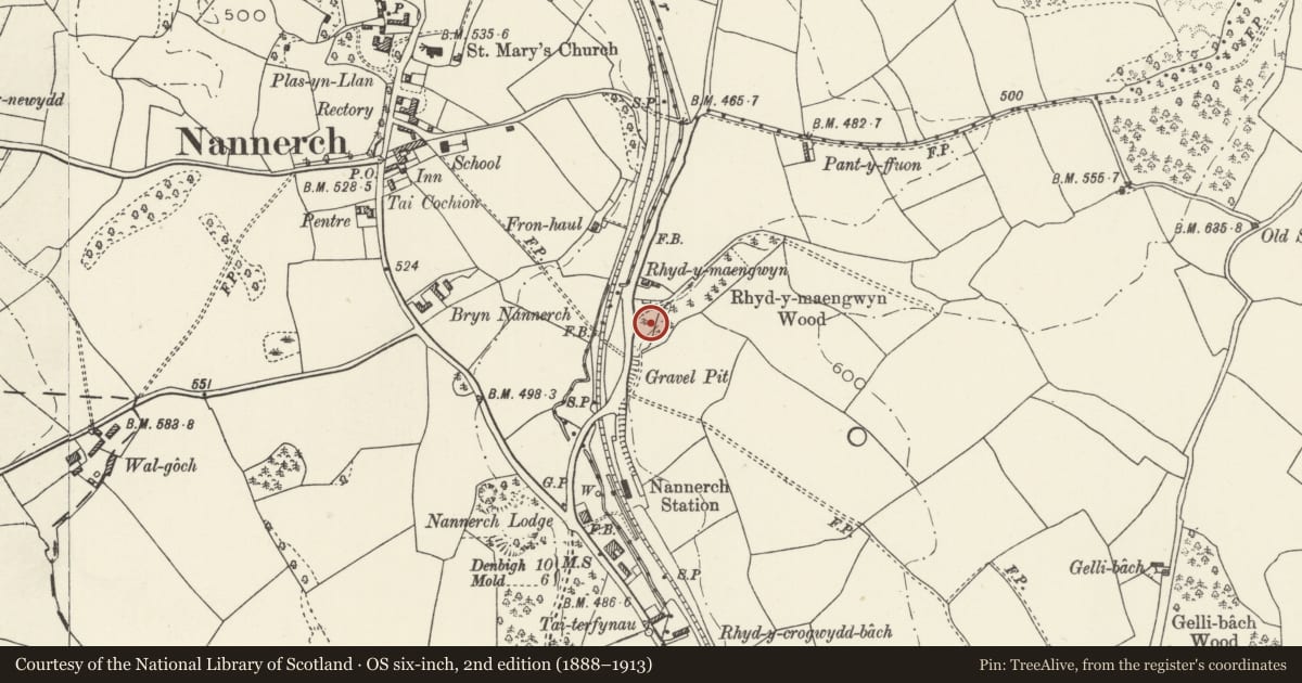 Ordnance Survey six-inch map, 2nd edition (1888–1913) covering the location of Lime kiln S of Bwlch House, Nannerch, Flintshire, with a pin at the register's coordinates