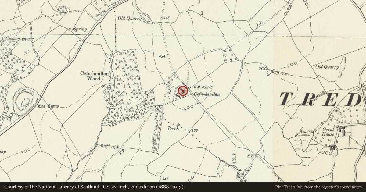 Ordnance Survey six-inch map, 2nd edition (1888–1913) covering the location of Cefn Henllan Farmhouse, Llangybi, Monmouthshire, with a pin at the register's coordinates