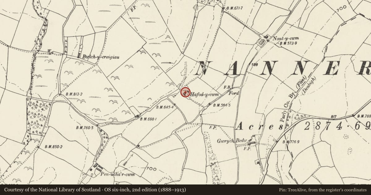 Ordnance Survey six-inch map, 2nd edition (1888–1913) covering the location of Hafod y Cwm, Nannerch, Flintshire, with a pin at the register's coordinates