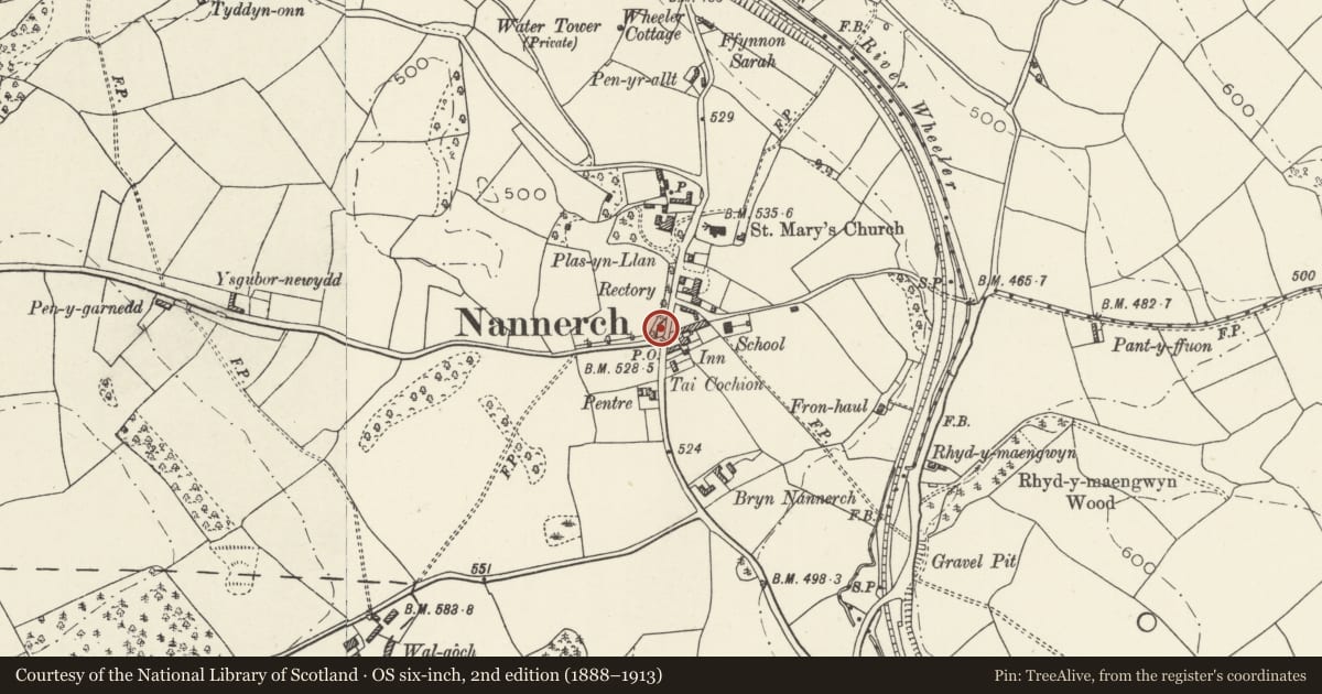 Ordnance Survey six-inch map, 2nd edition (1888–1913) covering the location of Nannerch war memorial, Flintshire, with a pin at the register's coordinates