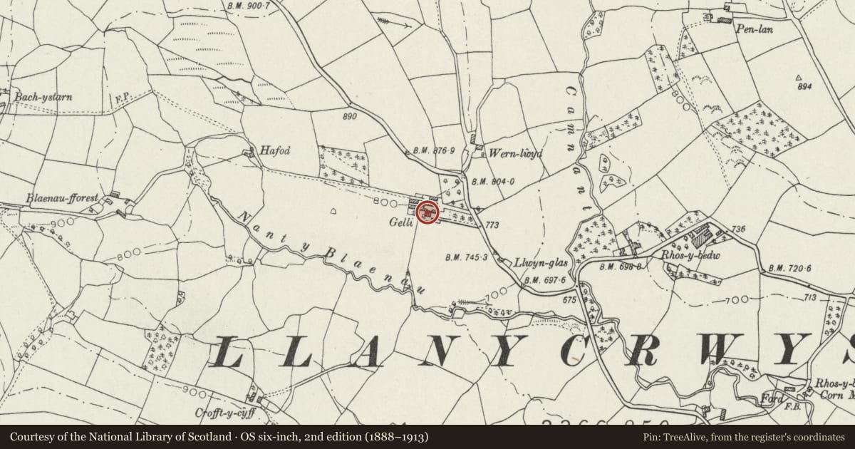 Ordnance Survey six-inch map, 2nd edition (1888–1913) covering the location of Gelli Farmhouse, Llanycrwys, Carmarthenshire, with a pin at the register's coordinates
