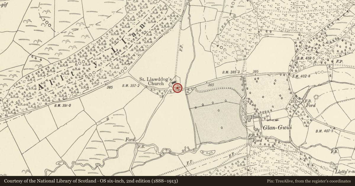 Ordnance Survey six-inch map, 2nd edition (1888–1913) covering the location of Pound in churchyard wall of Church of St Llawddog, Llanllawddog, Carmarthenshire, with a pin at the register's coordinates
