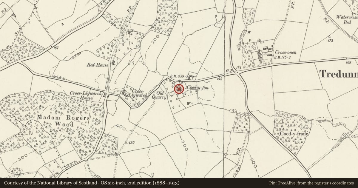 Ordnance Survey six-inch map, 2nd edition (1888–1913) covering the location of Coed-y-fon Farmhouse, including attached Granary and Cartshed, Llangybi, Monmouthshire, with a pin at the register's coordinates