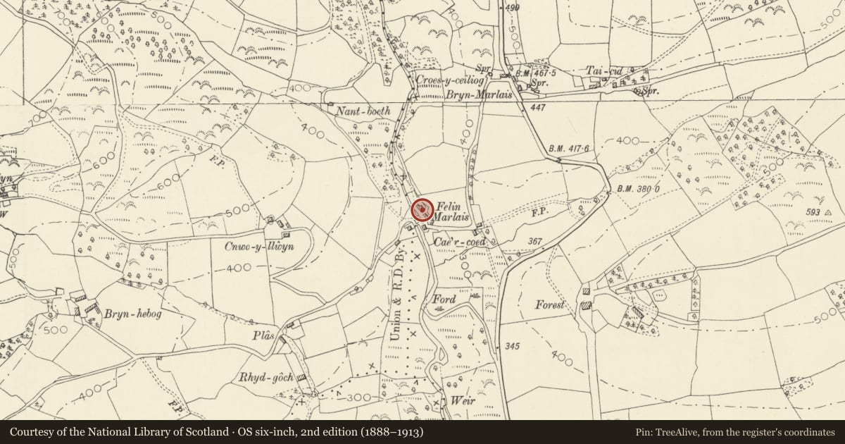 Ordnance Survey six-inch map, 2nd edition (1888–1913) covering the location of Felin Marlais, Llanfihangel Rhos-y-Corn, Carmarthenshire, with a pin at the register's coordinates