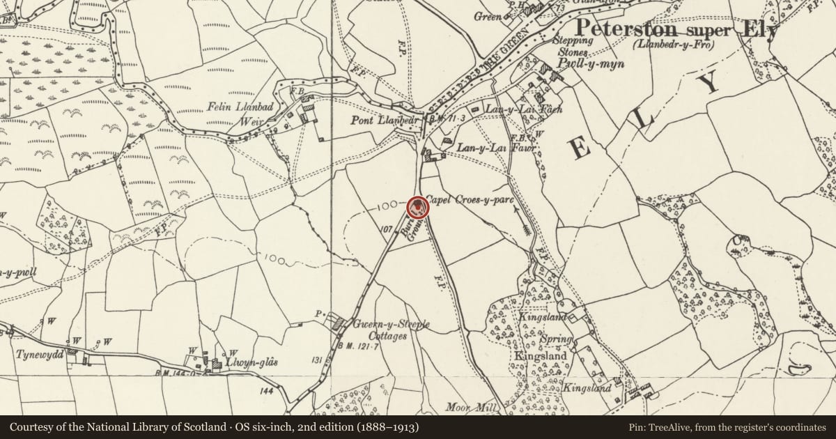 Ordnance Survey six-inch map, 2nd edition (1888–1913) covering the location of Monument to Dafydd William at Croes-y-Parc chapel, Peterston-super-Ely, Vale of Glamorgan, with a pin at the register's coordinates