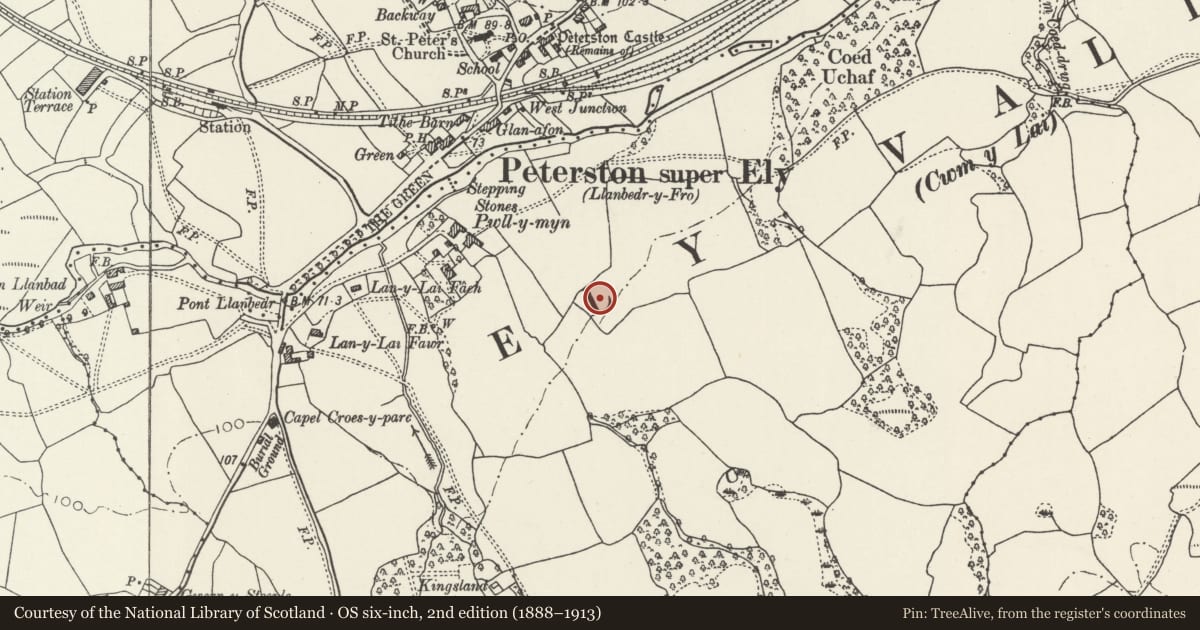 Ordnance Survey six-inch map, 2nd edition (1888–1913) covering the location of 1 Pwll-y-Min Crescent, Peterston-super-Ely, Vale of Glamorgan, with a pin at the register's coordinates