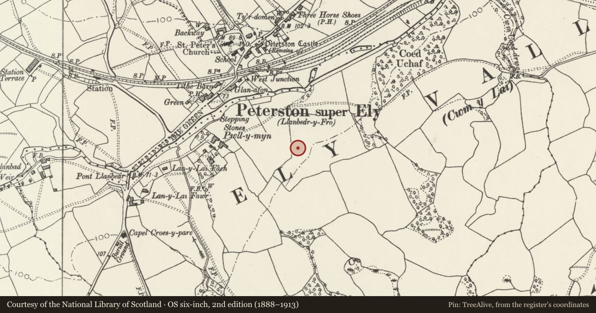 Ordnance Survey six-inch map, 2nd edition (1888–1913) covering the location of 8 Pwll-y-Min Crescent, Peterston-super-Ely, Vale of Glamorgan, with a pin at the register's coordinates