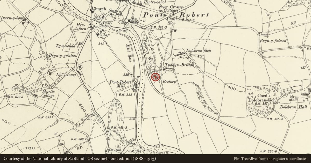 Ordnance Survey six-inch map, 2nd edition (1888–1913) covering the location of Old Rectory, Llangyniew, Powys, with a pin at the register's coordinates