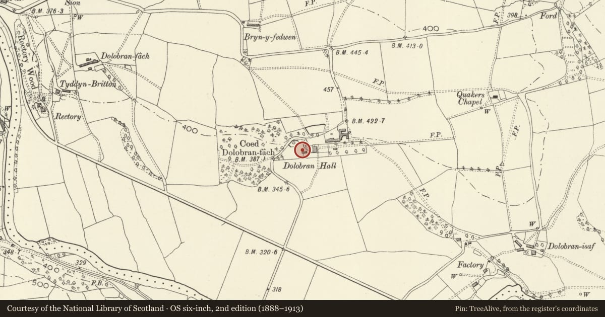 Ordnance Survey six-inch map, 2nd edition (1888–1913) covering the location of Farm Building at Dolobran including Link Wall to House, Llangyniew, Powys, with a pin at the register's coordinates