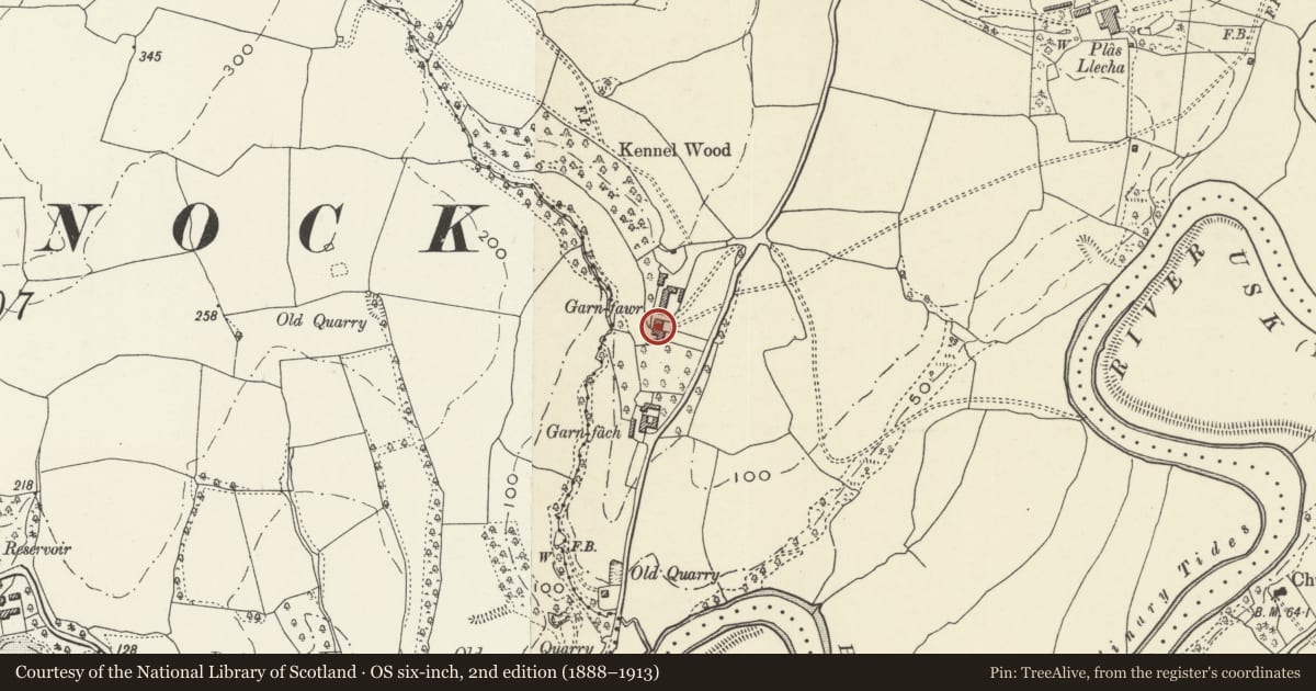 Ordnance Survey six-inch map, 2nd edition (1888–1913) covering the location of Garn Fawr (or Upper Garn), Llangybi, Monmouthshire, with a pin at the register's coordinates