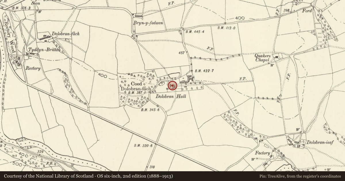 Ordnance Survey six-inch map, 2nd edition (1888–1913) covering the location of Dolobran Hall, Llangyniew, Powys, with a pin at the register's coordinates