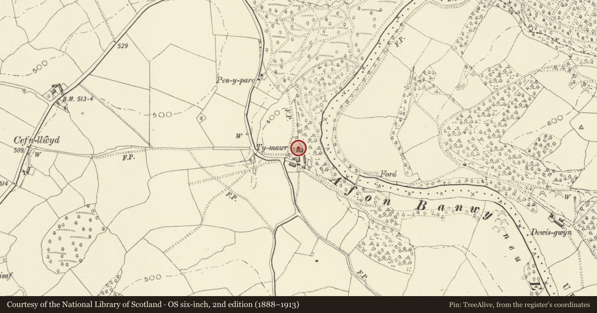 Ordnance Survey six-inch map, 2nd edition (1888–1913) covering the location of Ty-mawr Farmhouse, Llangyniew, Powys, with a pin at the register's coordinates