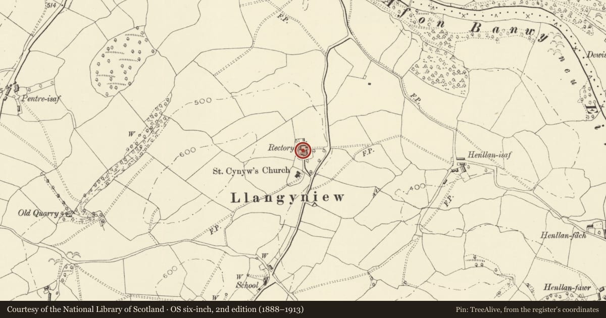 Ordnance Survey six-inch map, 2nd edition (1888–1913) covering the location of Ffordd Banwy (Old Rectory), Llangyniew, Powys, with a pin at the register's coordinates