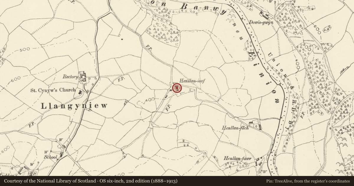 Ordnance Survey six-inch map, 2nd edition (1888–1913) covering the location of Henllan, Llangyniew, Powys, with a pin at the register's coordinates