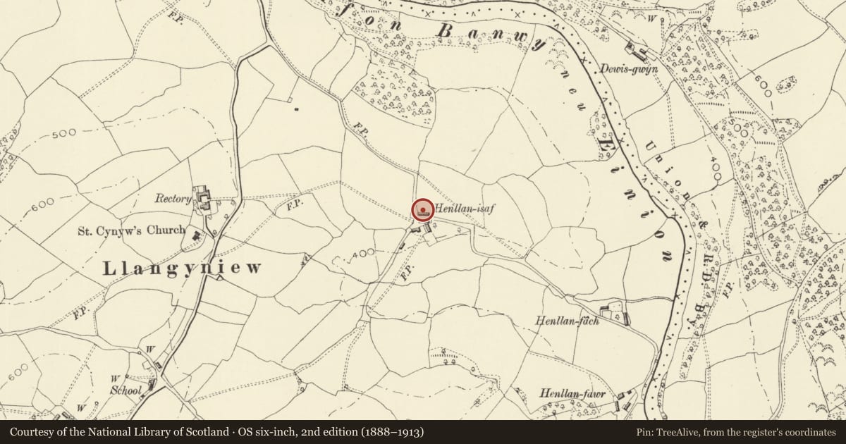 Ordnance Survey six-inch map, 2nd edition (1888–1913) covering the location of Farm building at Henllan, Llangyniew, Powys, with a pin at the register's coordinates