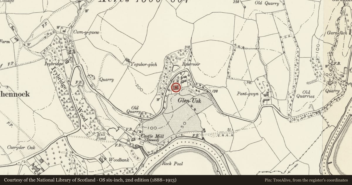 Ordnance Survey six-inch map, 2nd edition (1888–1913) covering the location of Glen Usk, Llangybi, Monmouthshire, with a pin at the register's coordinates