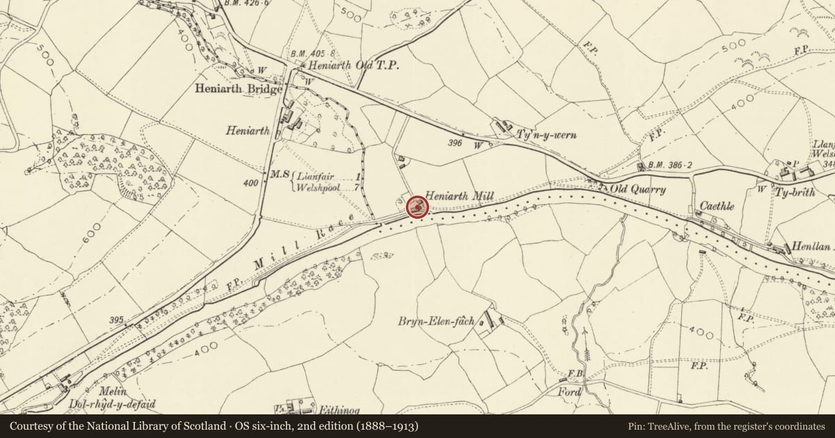 Ordnance Survey six-inch map, 2nd edition (1888–1913) covering the location of Heniarth Mill, Llangyniew, Powys, with a pin at the register's coordinates