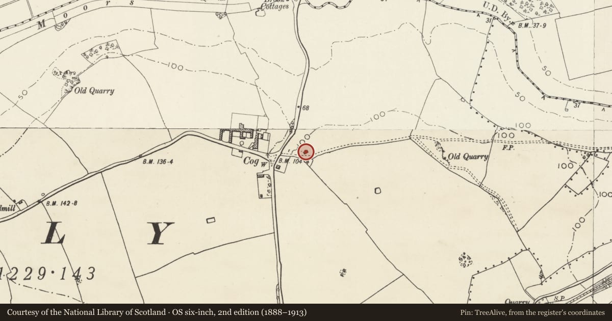 Ordnance Survey six-inch map, 2nd edition (1888–1913) covering the location of Barn at Home Farm, Sully, Vale of Glamorgan, with a pin at the register's coordinates