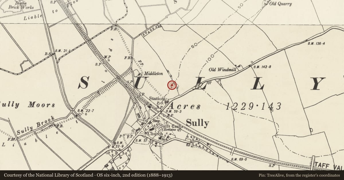 Ordnance Survey six-inch map, 2nd edition (1888–1913) covering the location of Limekiln, Sully, Vale of Glamorgan, with a pin at the register's coordinates