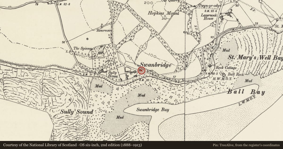 Ordnance Survey six-inch map, 2nd edition (1888–1913) covering the location of Swanbridge House, Sully, Vale of Glamorgan, with a pin at the register's coordinates