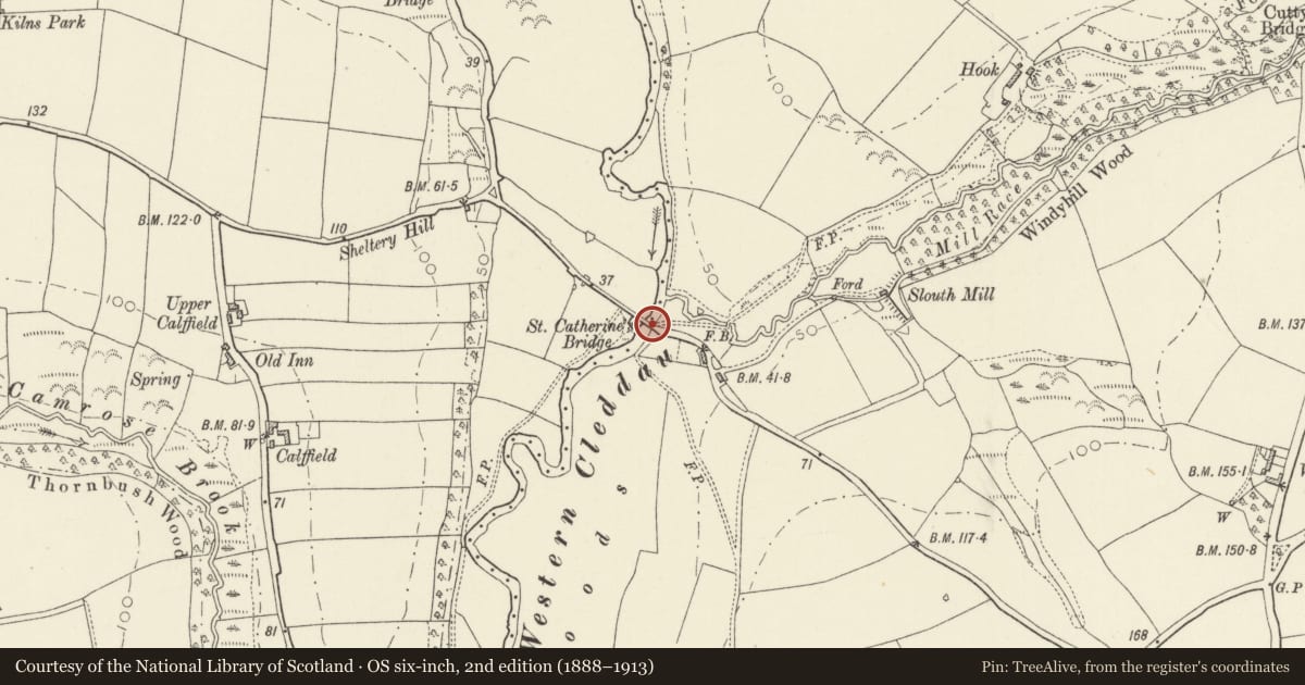 Ordnance Survey six-inch map, 2nd edition (1888–1913) covering the location of Saint Catherines Bridge, Rudbaxton, Pembrokeshire, with a pin at the register's coordinates