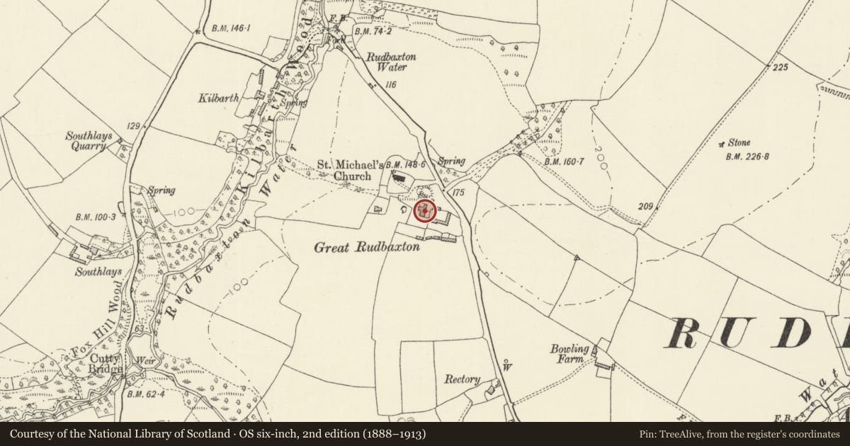 Ordnance Survey six-inch map, 2nd edition (1888–1913) covering the location of Great Rudbaxton, Pembrokeshire, with a pin at the register's coordinates