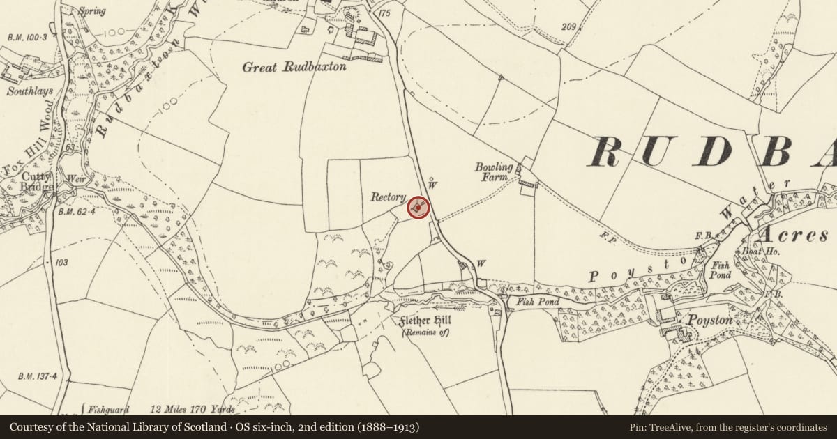 Ordnance Survey six-inch map, 2nd edition (1888–1913) covering the location of Bowling House, Rudbaxton, Pembrokeshire, with a pin at the register's coordinates