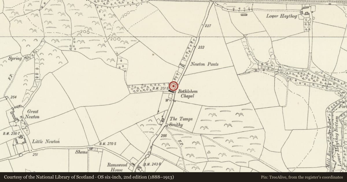 Ordnance Survey six-inch map, 2nd edition (1888–1913) covering the location of Reverend David Rees memorial at Bethlehem Baptist chapel, Rudbaxton, Pembrokeshire, with a pin at the register's coordinates
