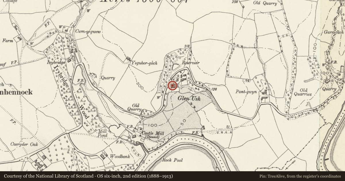Ordnance Survey six-inch map, 2nd edition (1888–1913) covering the location of Temple at Glen Usk, Llangybi, Monmouthshire, with a pin at the register's coordinates