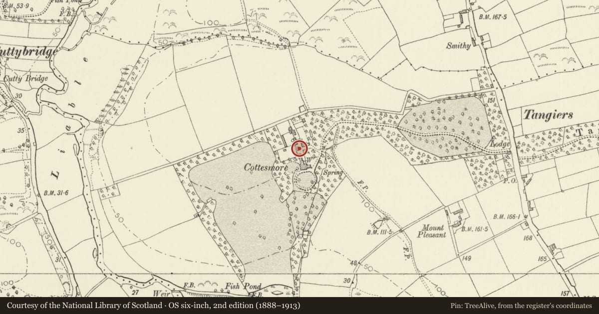 Ordnance Survey six-inch map, 2nd edition (1888–1913) covering the location of Outbuilding to N of Cottesmore, Rudbaxton, Pembrokeshire, with a pin at the register's coordinates